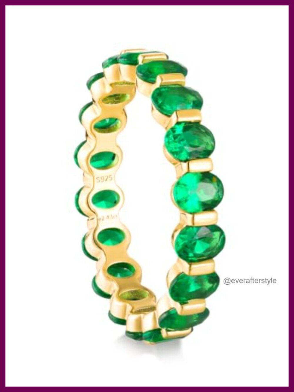 Gold Plated 925 Sterling Silver Eternity Band Bezel Emerald Ring